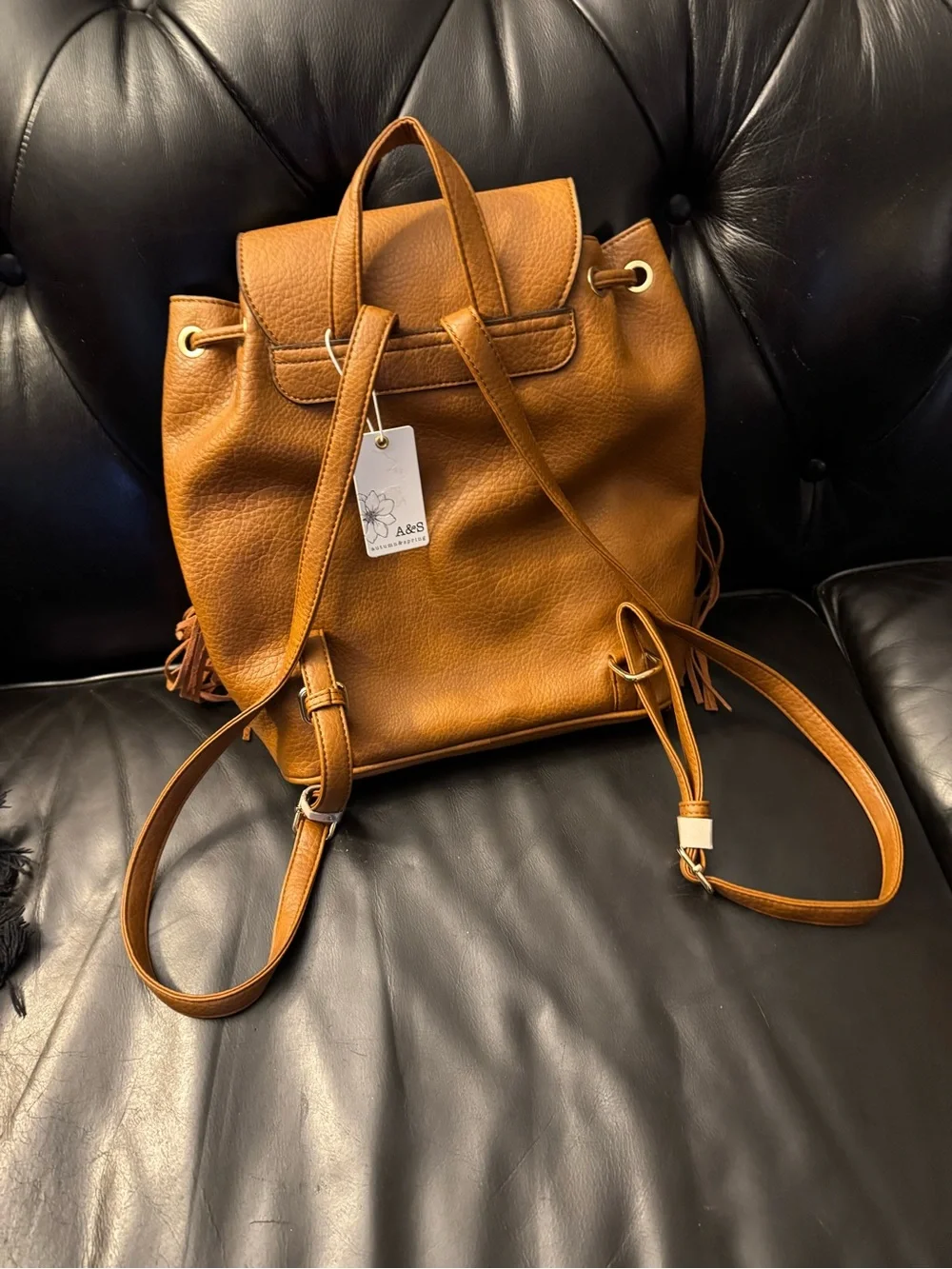 Autumn & Spring Fringe Drawstring Backpack - Cognac Leather